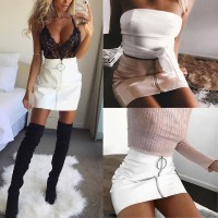 High Waist Zip Faux Leather Short Pencil Bodycon Mini Skirt Black Pink Red White